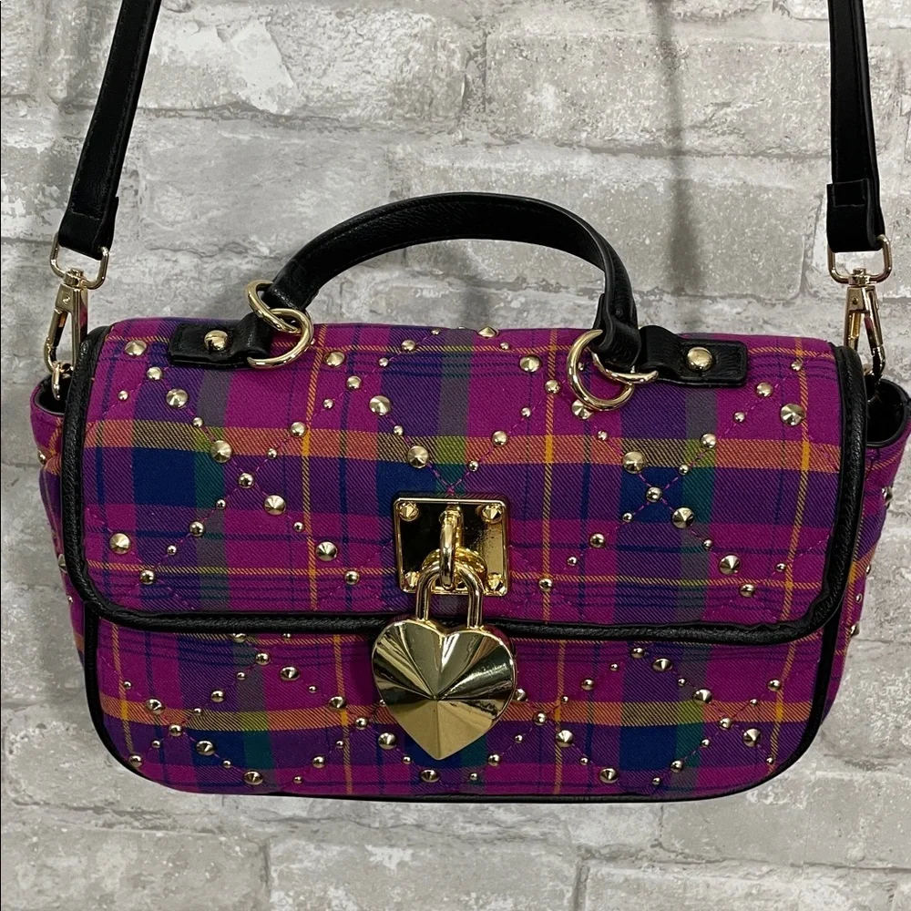 Betsey Johnson Pretty & Punk Plaid Studded Flap Satchel, Pink Multi